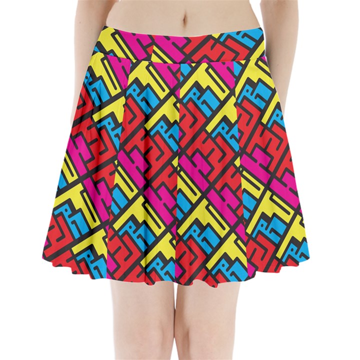 Color Red Yellow Blue Graffiti Pleated Mini Skirt