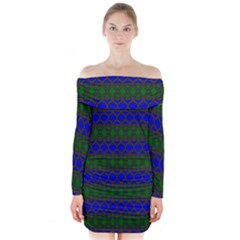 Diamond Alt Blue Green Woven Fabric Long Sleeve Off Shoulder Dress by Mariart