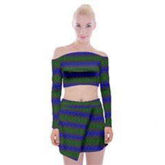 Diamond Alt Blue Green Woven Fabric Off Shoulder Top With Skirt Set