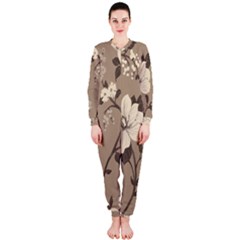 Floral Flower Rose Leaf Grey Onepiece Jumpsuit (ladies)  by Mariart