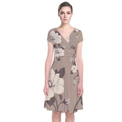 Floral Flower Rose Leaf Grey Short Sleeve Front Wrap Dress by Mariart