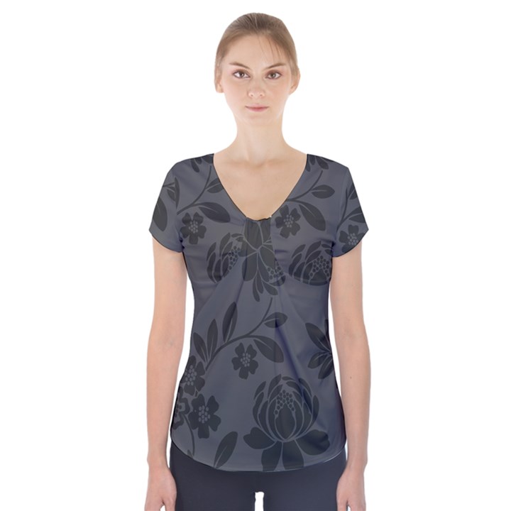 Flower Floral Rose Black Short Sleeve Front Detail Top