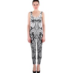 Flower Floral Grey Black Leaf Onepiece Catsuit by Mariart