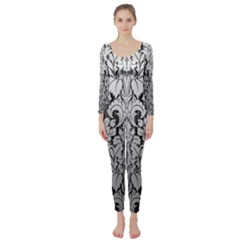 Flower Floral Grey Black Leaf Long Sleeve Catsuit by Mariart