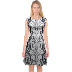 Flower Floral Grey Black Leaf Capsleeve Midi Dress by Mariart