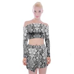 Flower Floral Grey Black Leaf Off Shoulder Top With Skirt Set