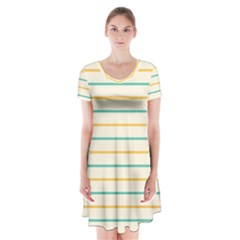 Horizontal Line Yellow Blue Orange Short Sleeve V-neck Flare Dress by Mariart