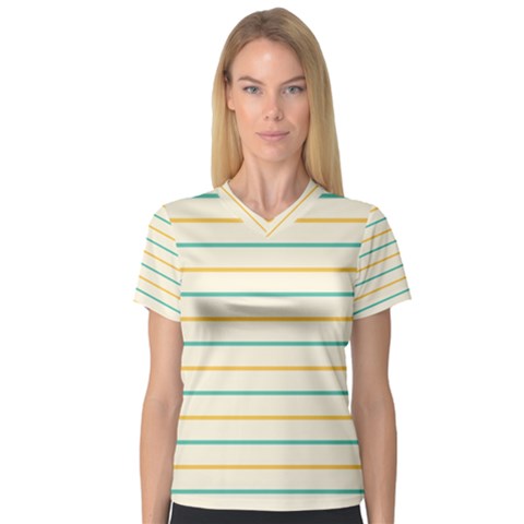 Horizontal Line Yellow Blue Orange Women s V-neck Sport Mesh Tee by Mariart