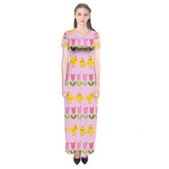 Easter - Chick And Tulips Short Sleeve Maxi Dress by Valentinaart