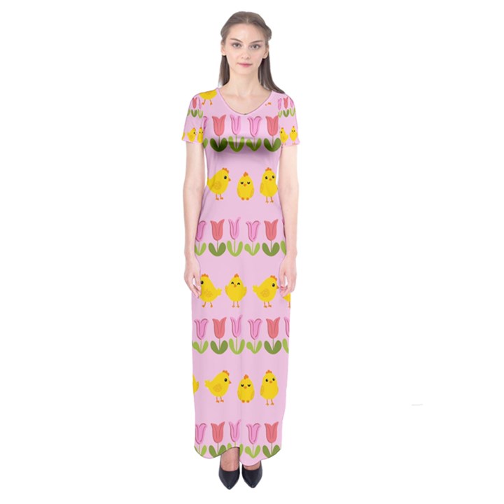 Easter - chick and tulips Short Sleeve Maxi Dress