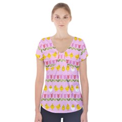 Easter - Chick And Tulips Short Sleeve Front Detail Top by Valentinaart