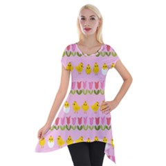 Easter - Chick And Tulips Short Sleeve Side Drop Tunic by Valentinaart