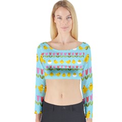 Easter - Chick And Tulips Long Sleeve Crop Top by Valentinaart