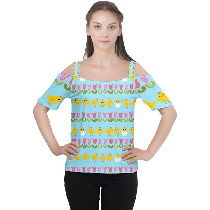 Easter - chick and tulips Women s Cutout Shoulder Tee