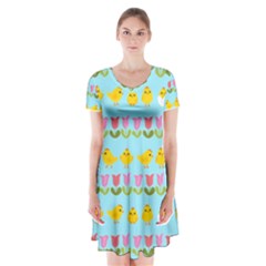 Easter - Chick And Tulips Short Sleeve V-neck Flare Dress by Valentinaart