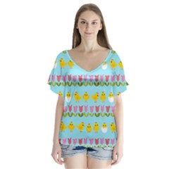 Easter - Chick And Tulips Flutter Sleeve Top by Valentinaart