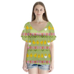 Easter - Chick And Tulips Flutter Sleeve Top by Valentinaart