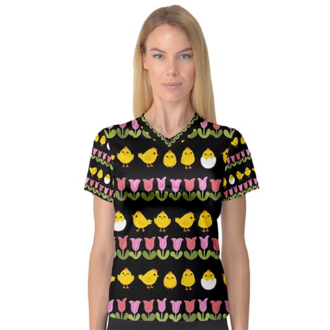 Easter - Chick And Tulips Women s V-neck Sport Mesh Tee by Valentinaart