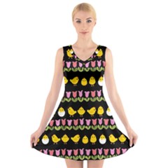 Easter - Chick And Tulips V-neck Sleeveless Skater Dress by Valentinaart