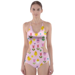 Easter - Chick And Tulips Cut-out One Piece Swimsuit by Valentinaart