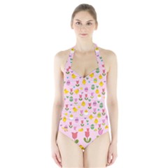 Easter - Chick And Tulips Halter Swimsuit by Valentinaart