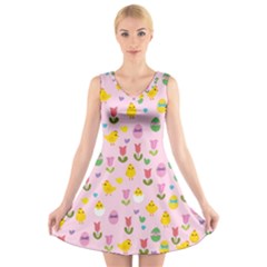 Easter - Chick And Tulips V-neck Sleeveless Skater Dress by Valentinaart