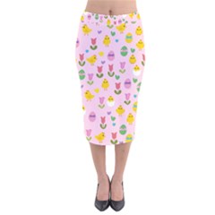 Easter - Chick And Tulips Velvet Midi Pencil Skirt by Valentinaart