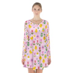 Easter - Chick And Tulips Long Sleeve Velvet V-neck Dress by Valentinaart