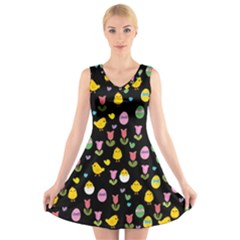 Easter - Chick And Tulips V-neck Sleeveless Skater Dress by Valentinaart