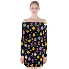 Easter - Chick And Tulips Long Sleeve Off Shoulder Dress by Valentinaart