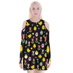 Easter - Chick And Tulips Velvet Long Sleeve Shoulder Cutout Dress by Valentinaart