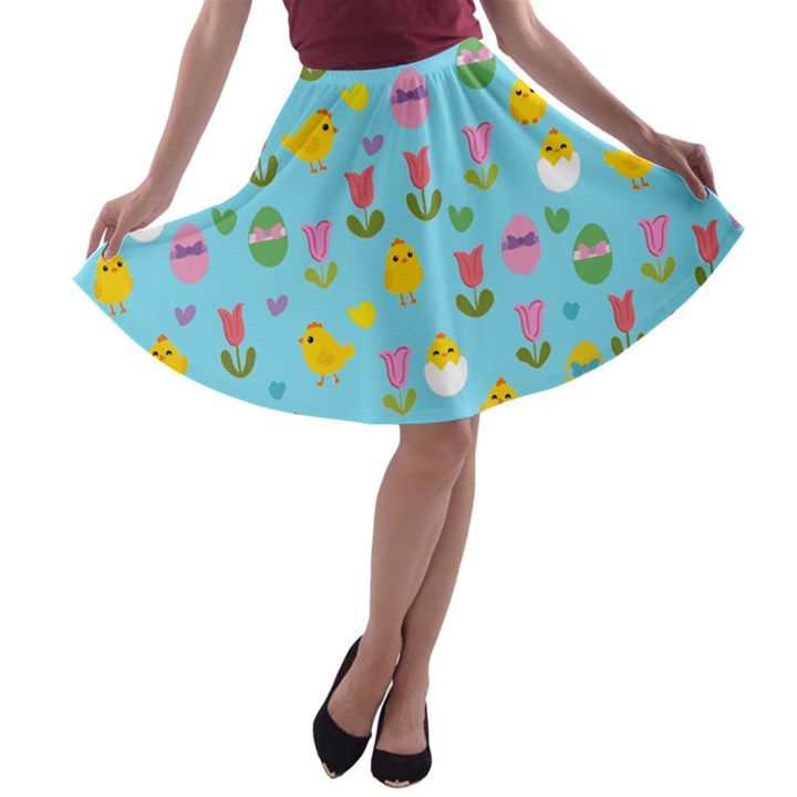 Easter - chick and tulips A-line Skater Skirt