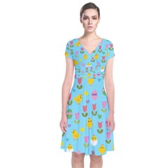 Easter - Chick And Tulips Short Sleeve Front Wrap Dress by Valentinaart