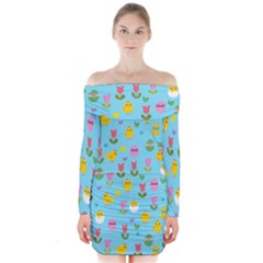 Easter - Chick And Tulips Long Sleeve Off Shoulder Dress by Valentinaart