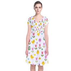 Easter - Chick And Tulips Short Sleeve Front Wrap Dress by Valentinaart