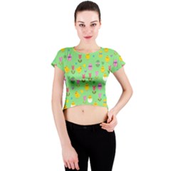 Easter - Chick And Tulips Crew Neck Crop Top by Valentinaart