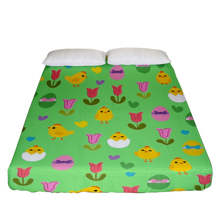 Easter - chick and tulips Fitted Sheet (Queen Size)