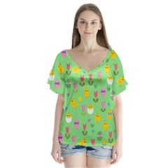 Easter - Chick And Tulips Flutter Sleeve Top by Valentinaart