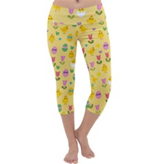 Easter - Chick And Tulips Capri Yoga Leggings by Valentinaart