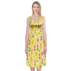 Easter - Chick And Tulips Midi Sleeveless Dress by Valentinaart