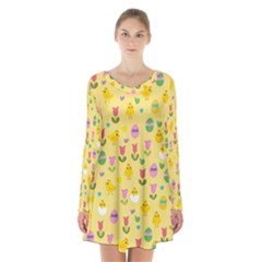 Easter - Chick And Tulips Long Sleeve Velvet V-neck Dress by Valentinaart