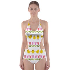 Easter - Chick And Tulips Cut-out One Piece Swimsuit by Valentinaart