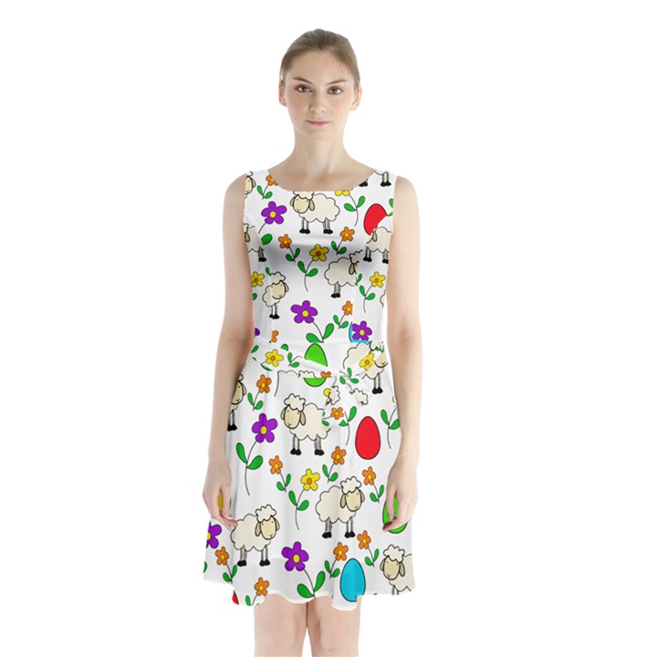 Easter lamb Sleeveless Chiffon Waist Tie Dress