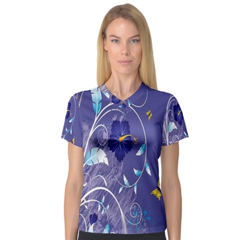 Flowers Butterflies Patterns Lines Purple Women s V-neck Sport Mesh Tee by Mariart