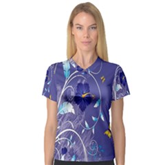 Flowers Butterflies Patterns Lines Purple Women s V-neck Sport Mesh Tee