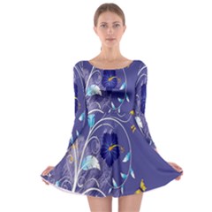 Flowers Butterflies Patterns Lines Purple Long Sleeve Skater Dress by Mariart