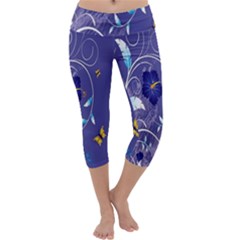 Flowers Butterflies Patterns Lines Purple Capri Yoga Leggings by Mariart