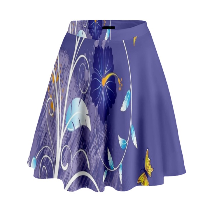 Flowers Butterflies Patterns Lines Purple High Waist Skirt