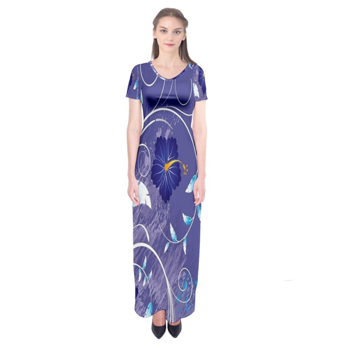 Flowers Butterflies Patterns Lines Purple Short Sleeve Maxi Dress