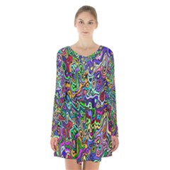 Colorful Abstract Paint Rainbow Long Sleeve Velvet V-neck Dress by Mariart